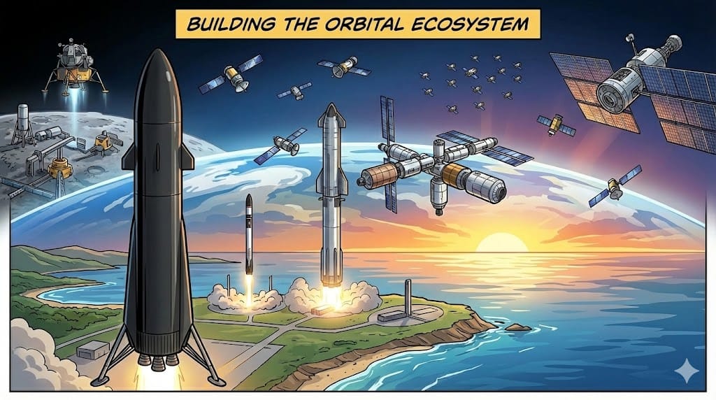 A robust space economy reflected in an illustration showing multiple rockets and satellites