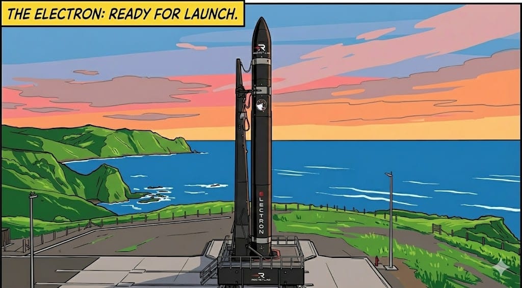 Rocket Lab's Electron rocket sits on the pad in Mahia, NZ