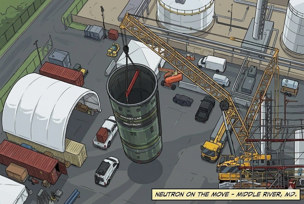 New photos taken by Patrick O'Laughlin capture Rocket Lab Neutron flight hardware undergoing handling operations at the company's Middle River, Maryland facility.